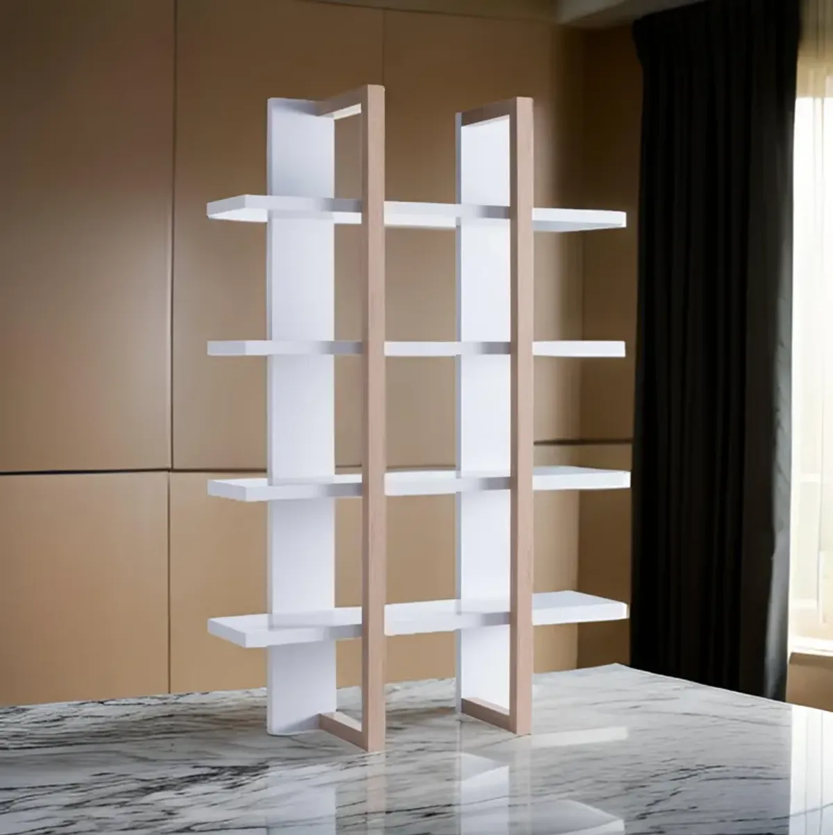 71 Inches Rectangular 4 Tier Wooden Bookcase, White and Brown-Benzara