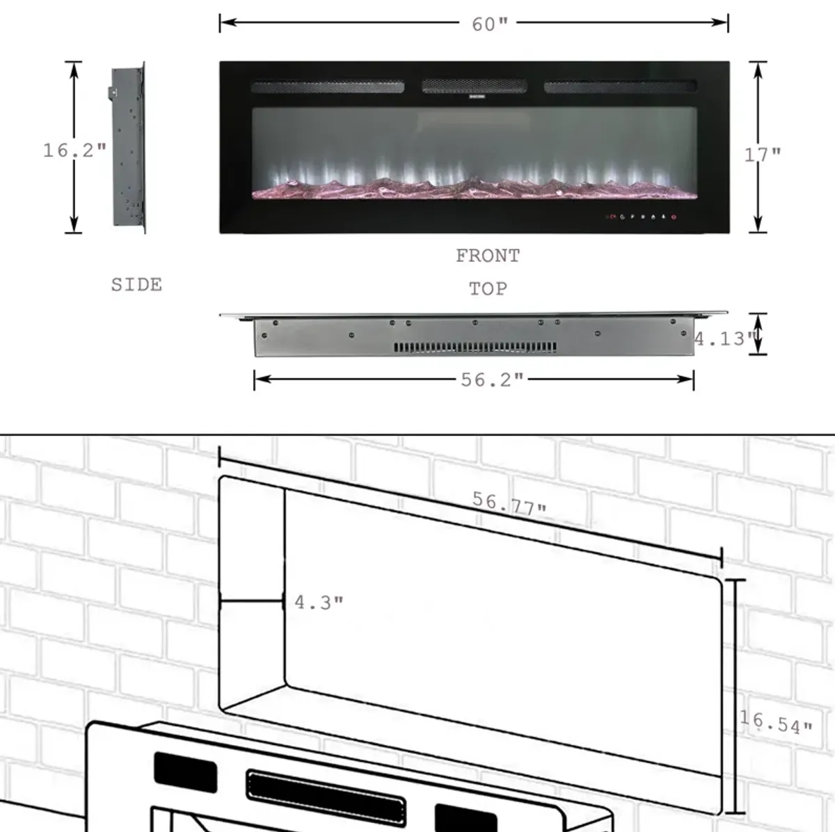 Black 60 in. Wall-Mounted Electric Fireplace with Logs & Crystals, Remote 1500/750W