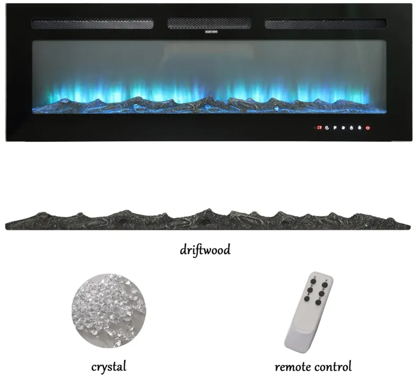 Black 60 in. Wall-Mounted Electric Fireplace with Logs & Crystals, Remote 1500/750W