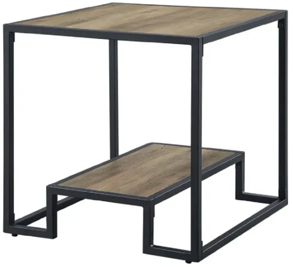 Lea 22 Inch Wood End Table, Grain Details, Metal Frame, Rustic Oak-Benzara