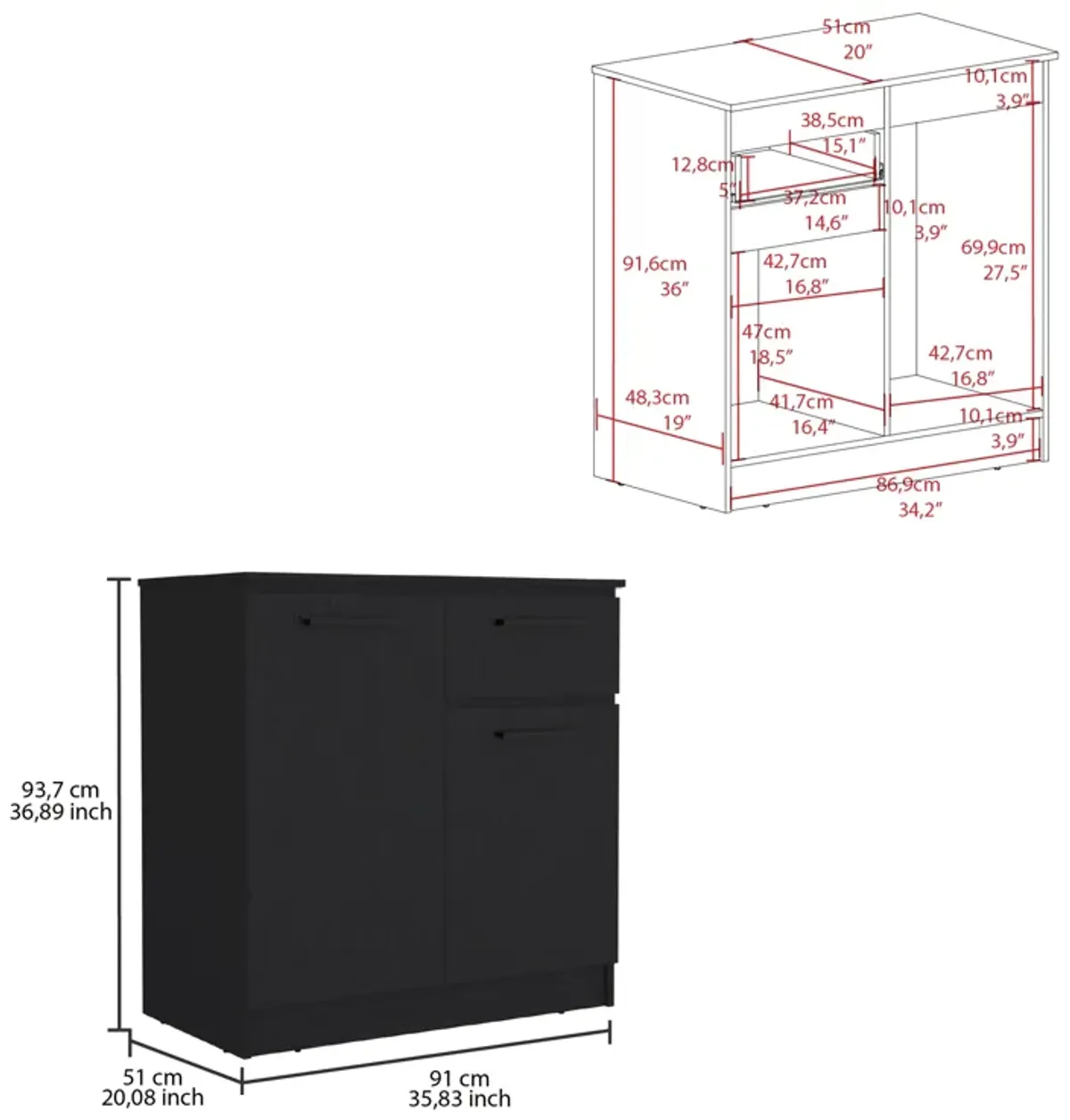 Idaho Dresser with 2-Door Cabinets and Drawer -Black