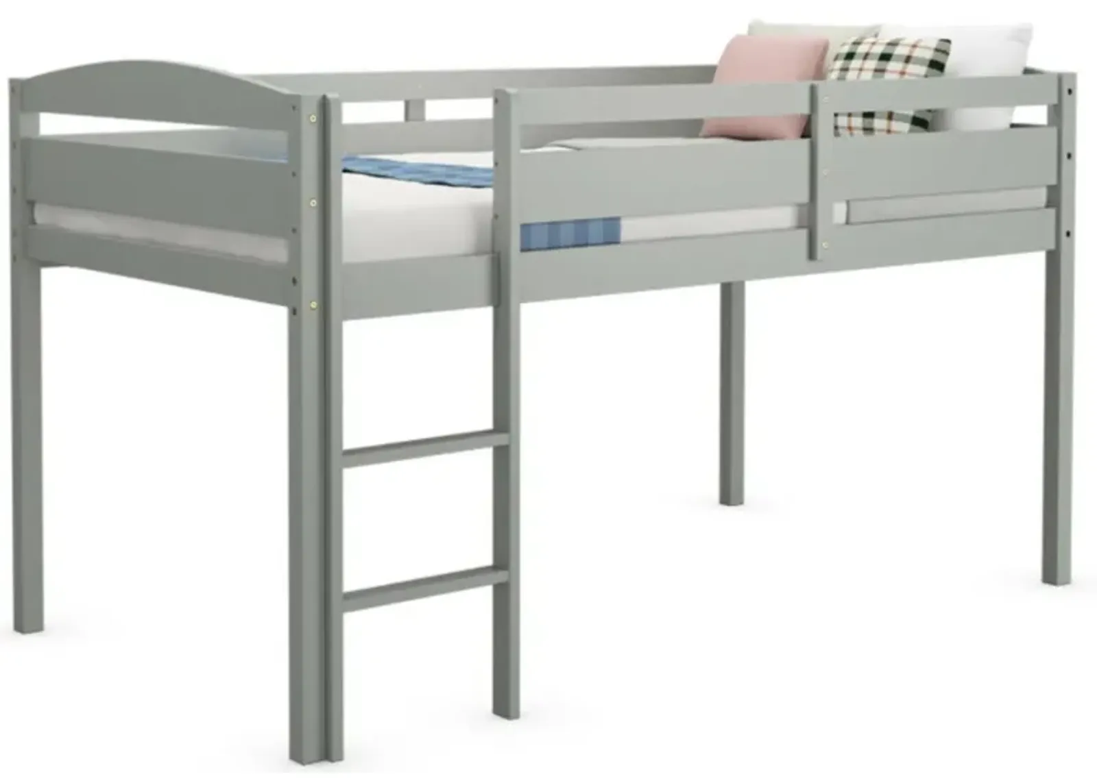 Wooden Twin Low Loft Bunk Bed with Guard Rail and Ladder