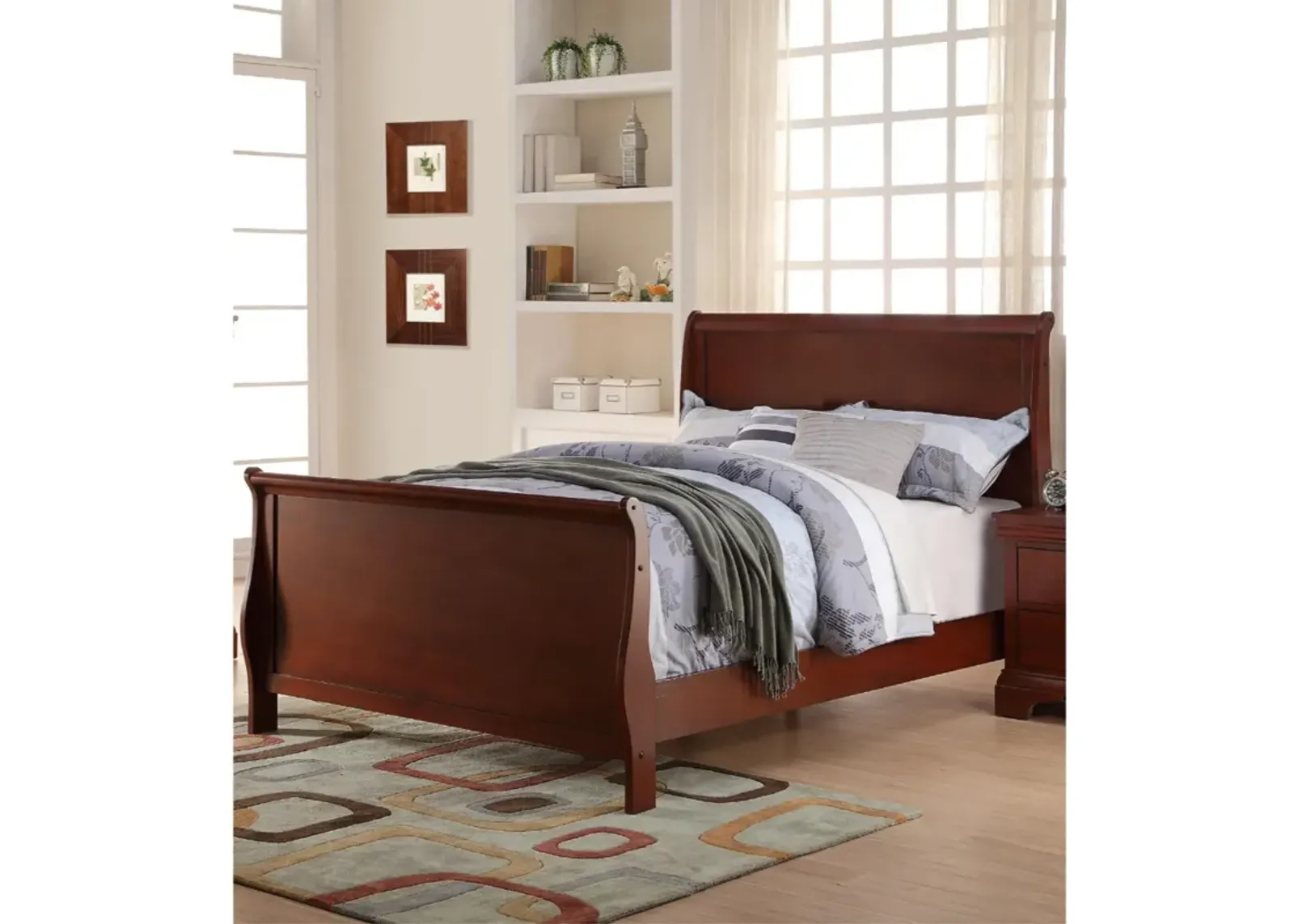 Clean And Convenient Full Wooden Bed, Cherry Finish