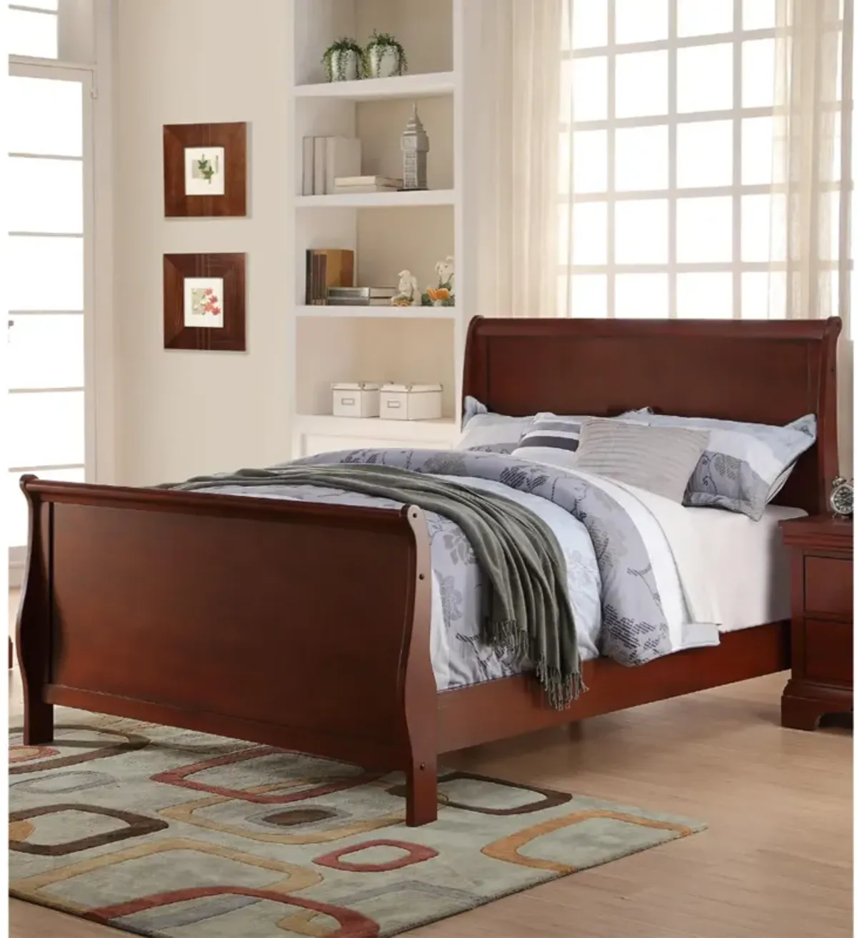 Clean And Convenient Full Wooden Bed, Cherry Finish