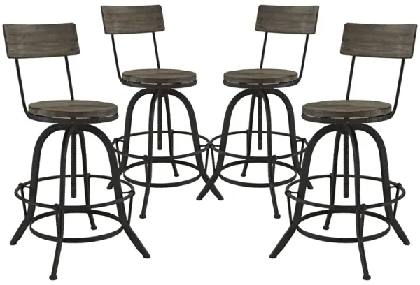 Modway Procure Rustic Farmhouse Pine Wood and Cast Iron Adjustable Height Four Bar Stools in Brown
