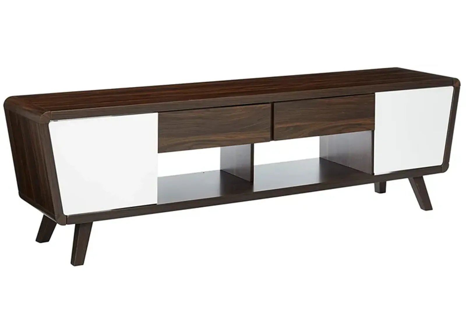 Glittering Two Tone Mid Century Modern TV Stand, White and Brown-Benzara