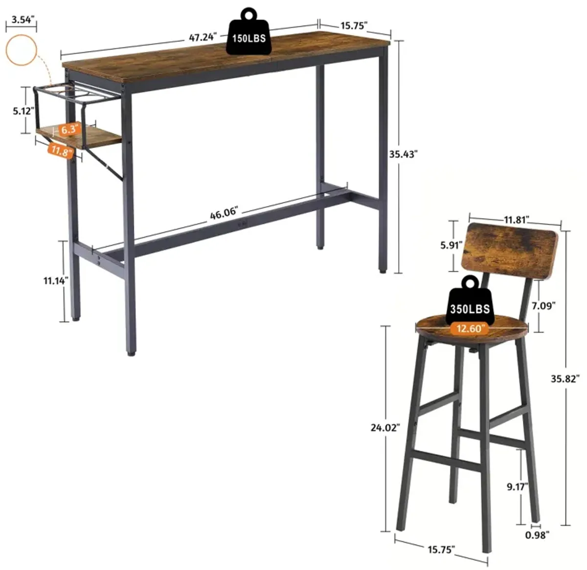 Bar Table Set With Wine Bottle Storage Rack. Rustic Brown, 47.24" L X 15.75" W X 35.43" H