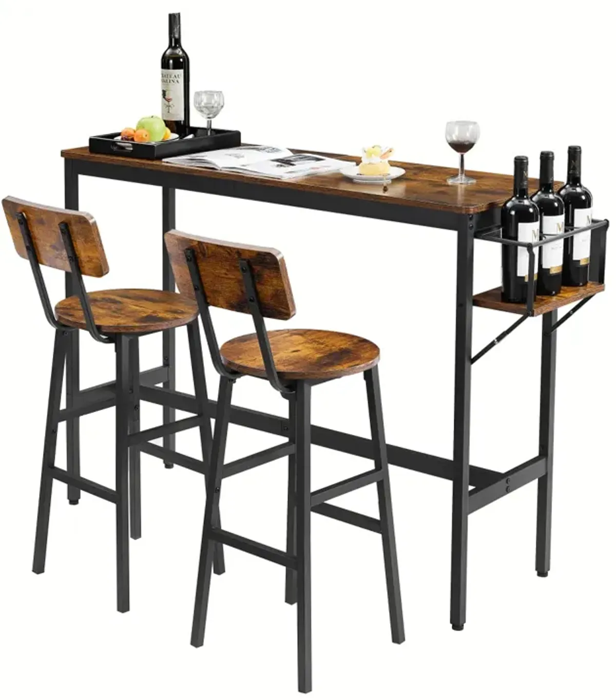 Bar Table Set With Wine Bottle Storage Rack. Rustic Brown, 47.24" L X 15.75" W X 35.43" H