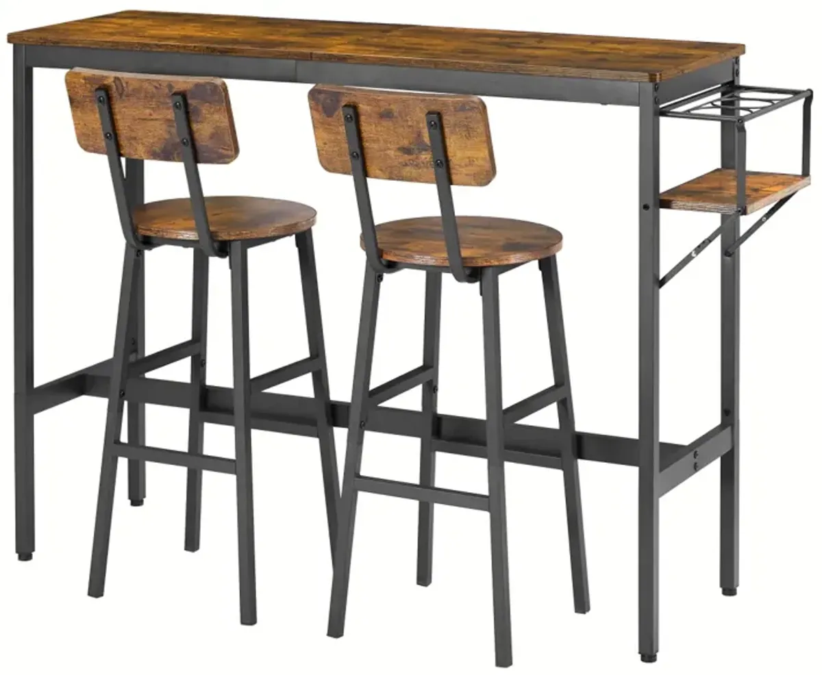 Bar Table Set With Wine Bottle Storage Rack. Rustic Brown, 47.24" L X 15.75" W X 35.43" H