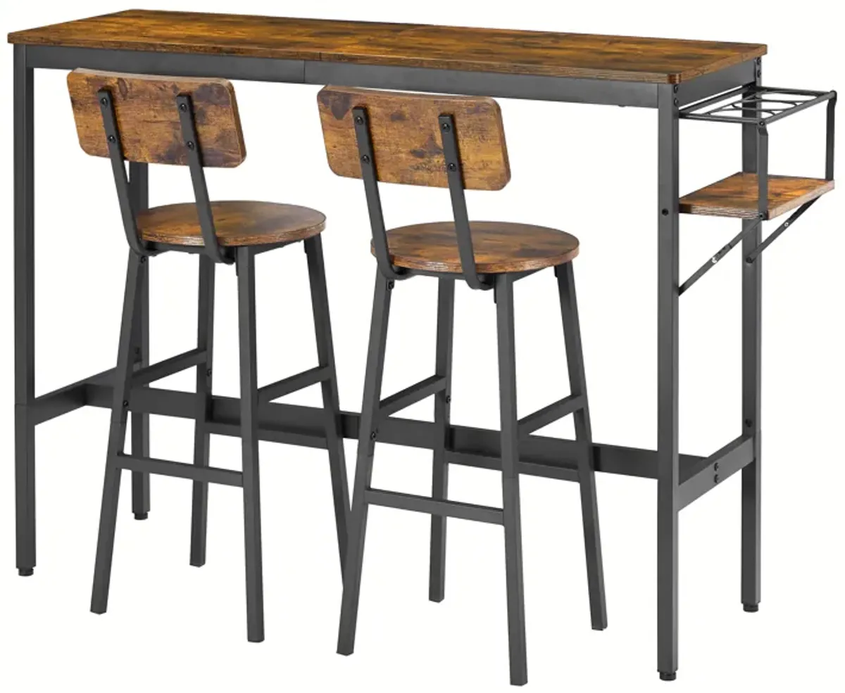 Bar Table Set With Wine Bottle Storage Rack. Rustic Brown, 47.24" L X 15.75" W X 35.43" H