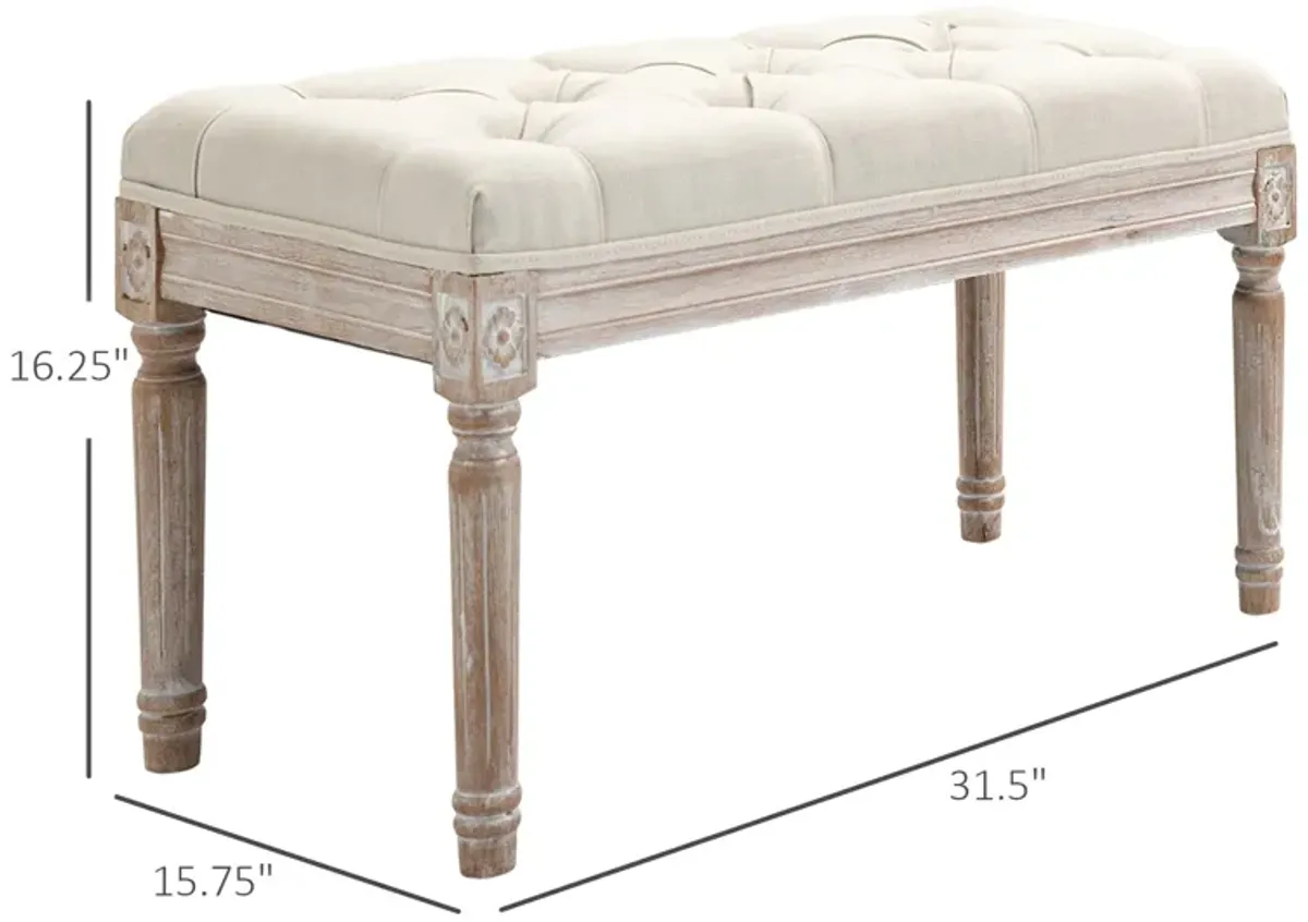 Beige Vintage Seat: 15.75" Tufted Ottoman with Distressed Wood Legs