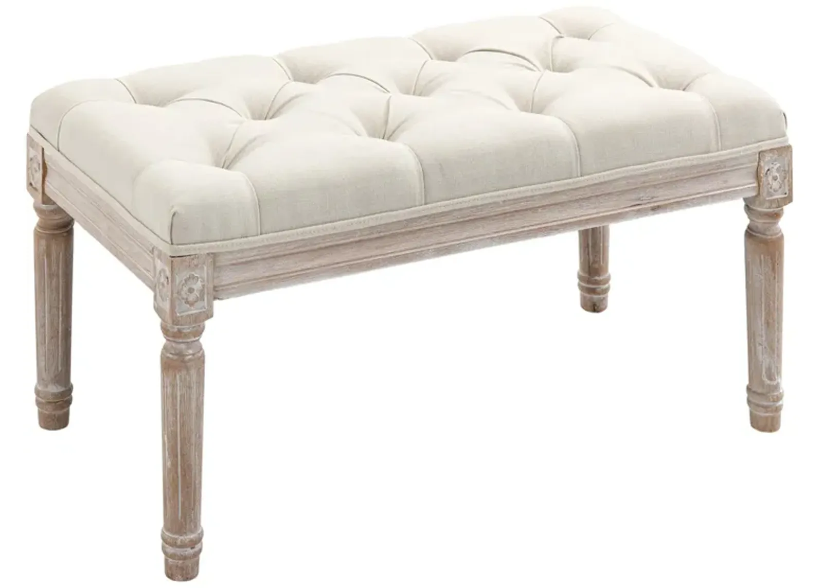 Beige Vintage Seat: 15.75" Tufted Ottoman with Distressed Wood Legs