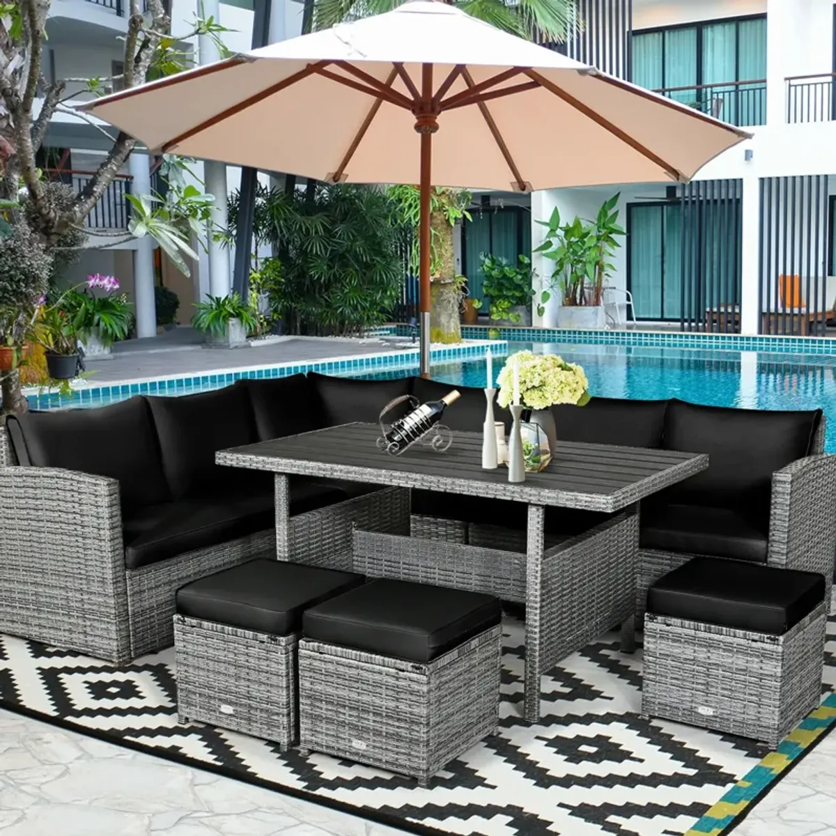 7 Pieces Patio Rattan Dining Furniture Sectional Sofa Set with Wicker Ottoman