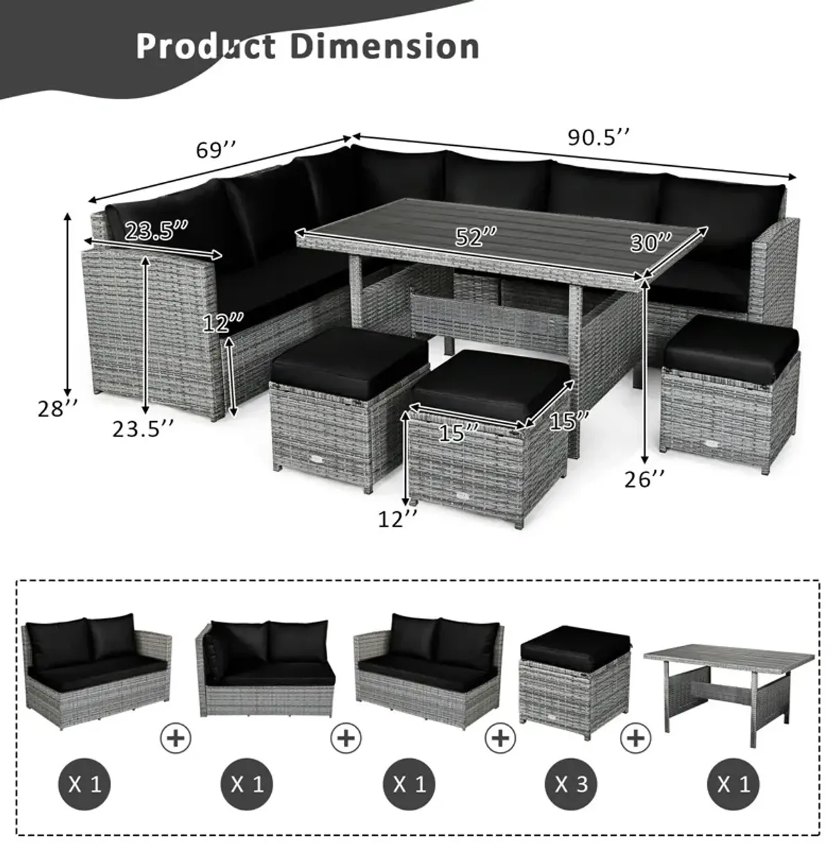 7 Pieces Patio Rattan Dining Furniture Sectional Sofa Set with Wicker Ottoman