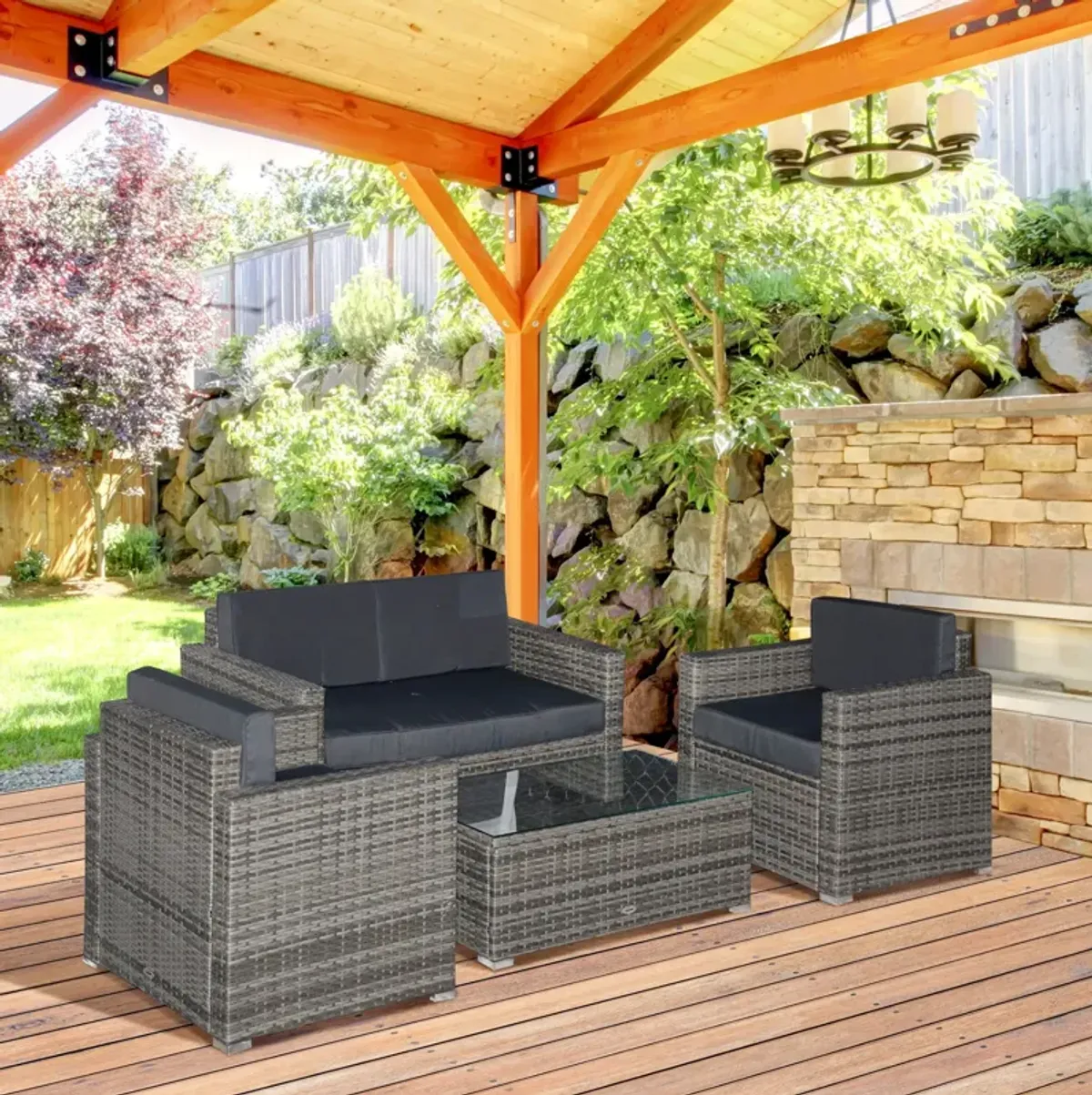 Gray Outdoor Seating: 4-Piece Resin Wicker Set with Glass Table