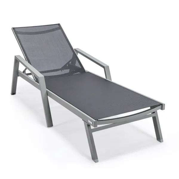 LeisureMod Marlin Patio Chaise Lounge Chair With Armrests in Grey Aluminum Frame