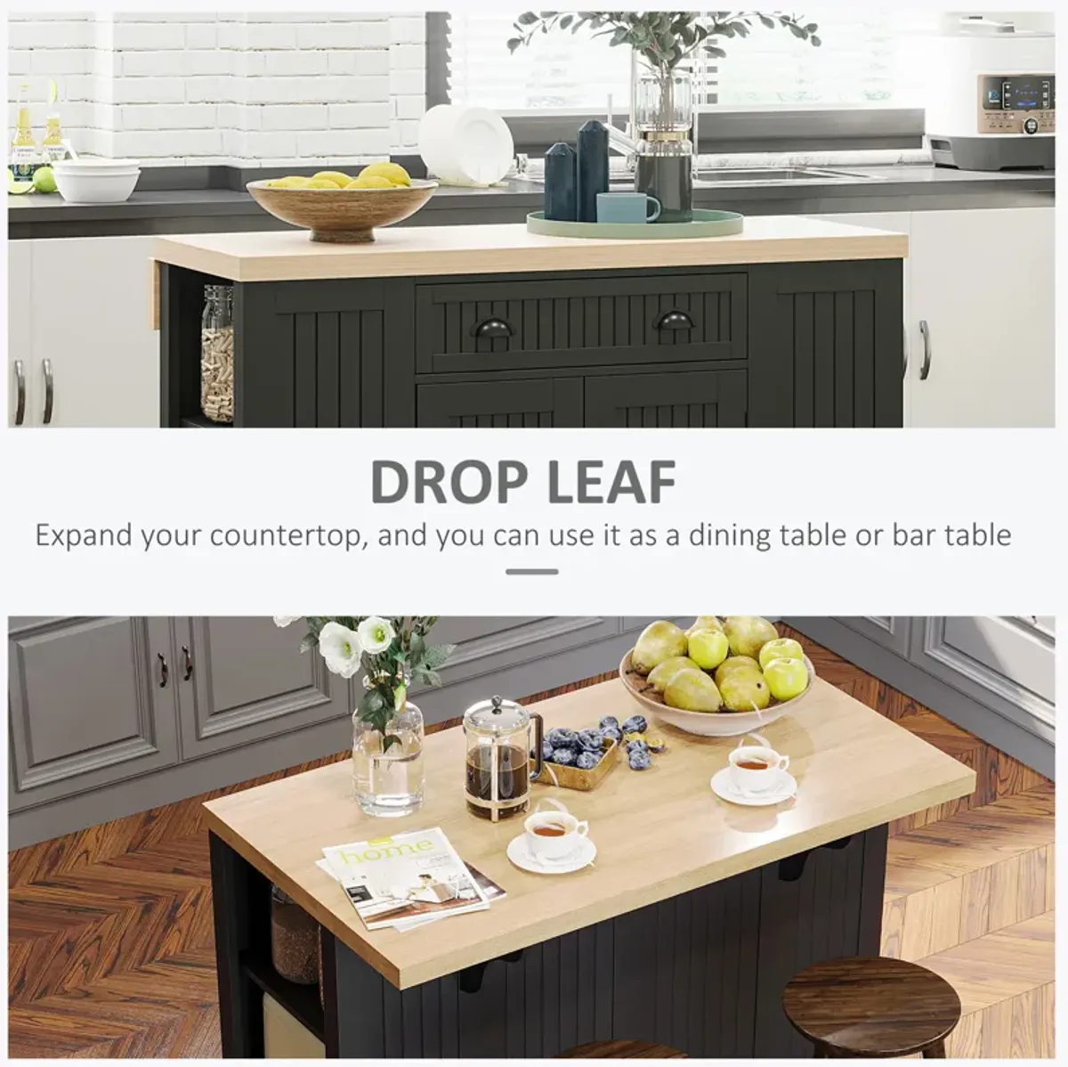 47" Farmhouse Style Kitchen Island Storage Cabinet w/ Drop Leaf Table Countertop