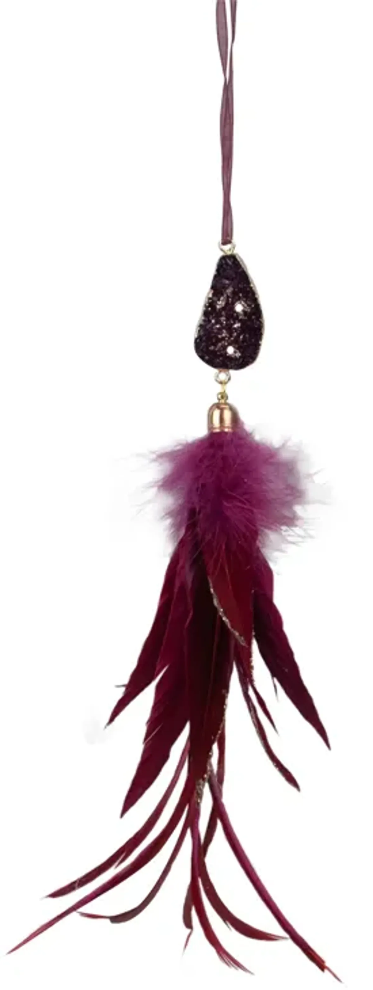 9" Plum Red Feather and Gemstone Pendant Christmas Ornament