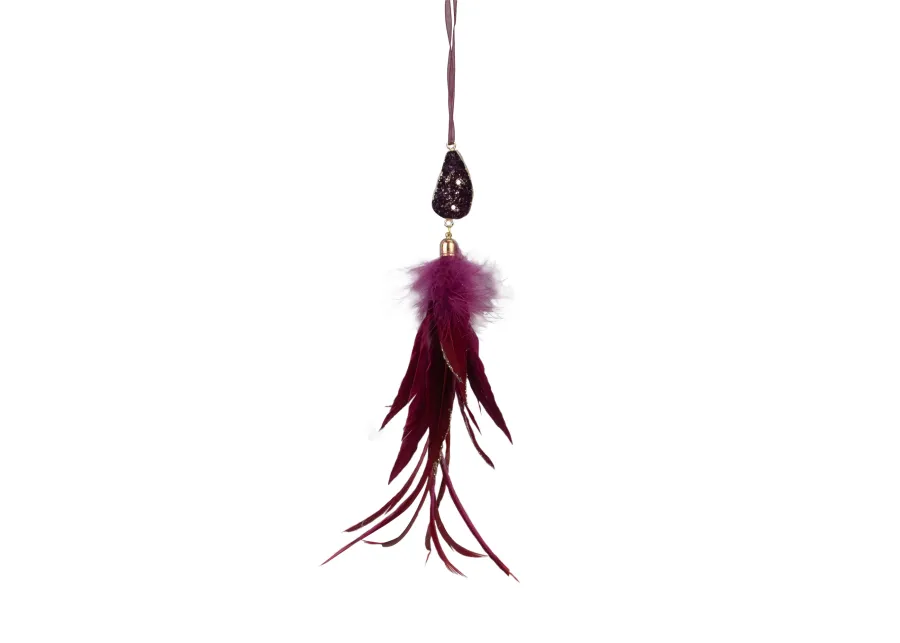 9" Plum Red Feather and Gemstone Pendant Christmas Ornament