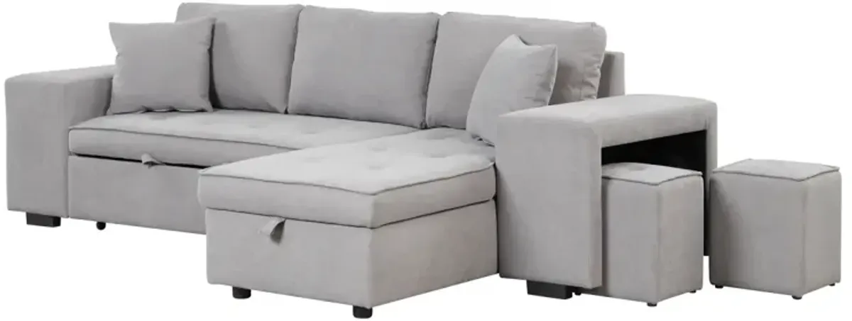 3-Seat Sleeper Sofa Sectional with Storage Chaise & Stools