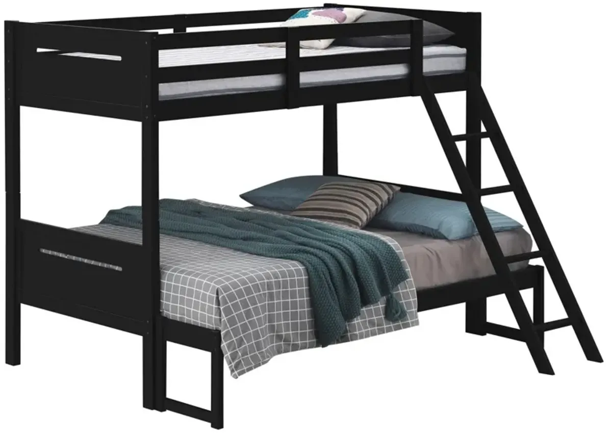 Amey Twin over Full Bunk Bed, Guard Rails, Attached Ladder, Black Wood - Benzara