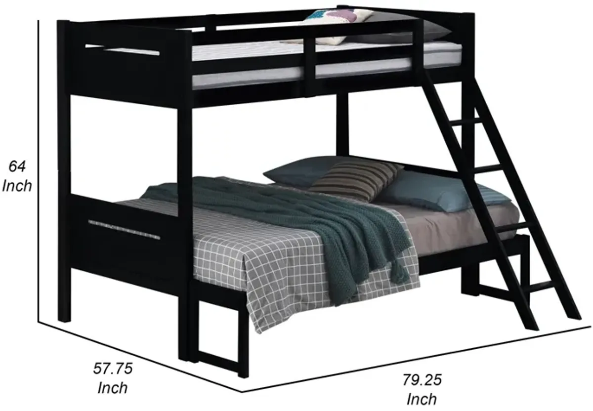 Amey Twin over Full Bunk Bed, Guard Rails, Attached Ladder, Black Wood - Benzara