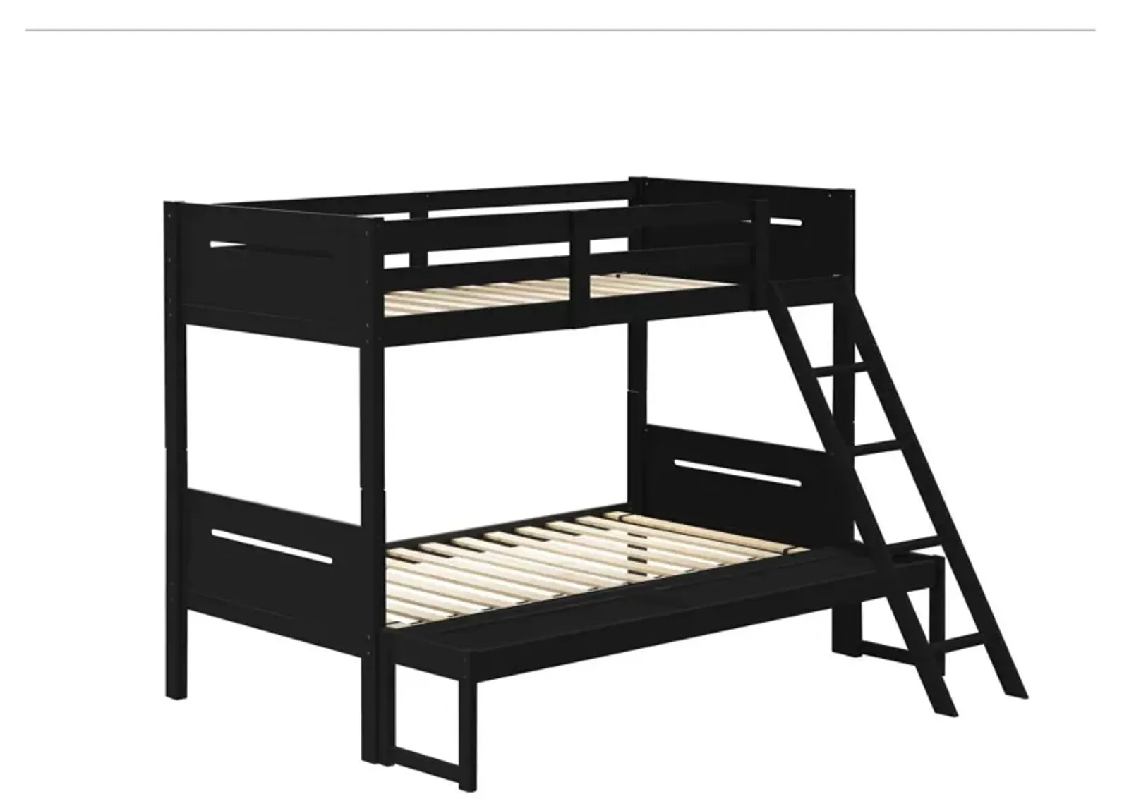 Amey Twin over Full Bunk Bed, Guard Rails, Attached Ladder, Black Wood - Benzara