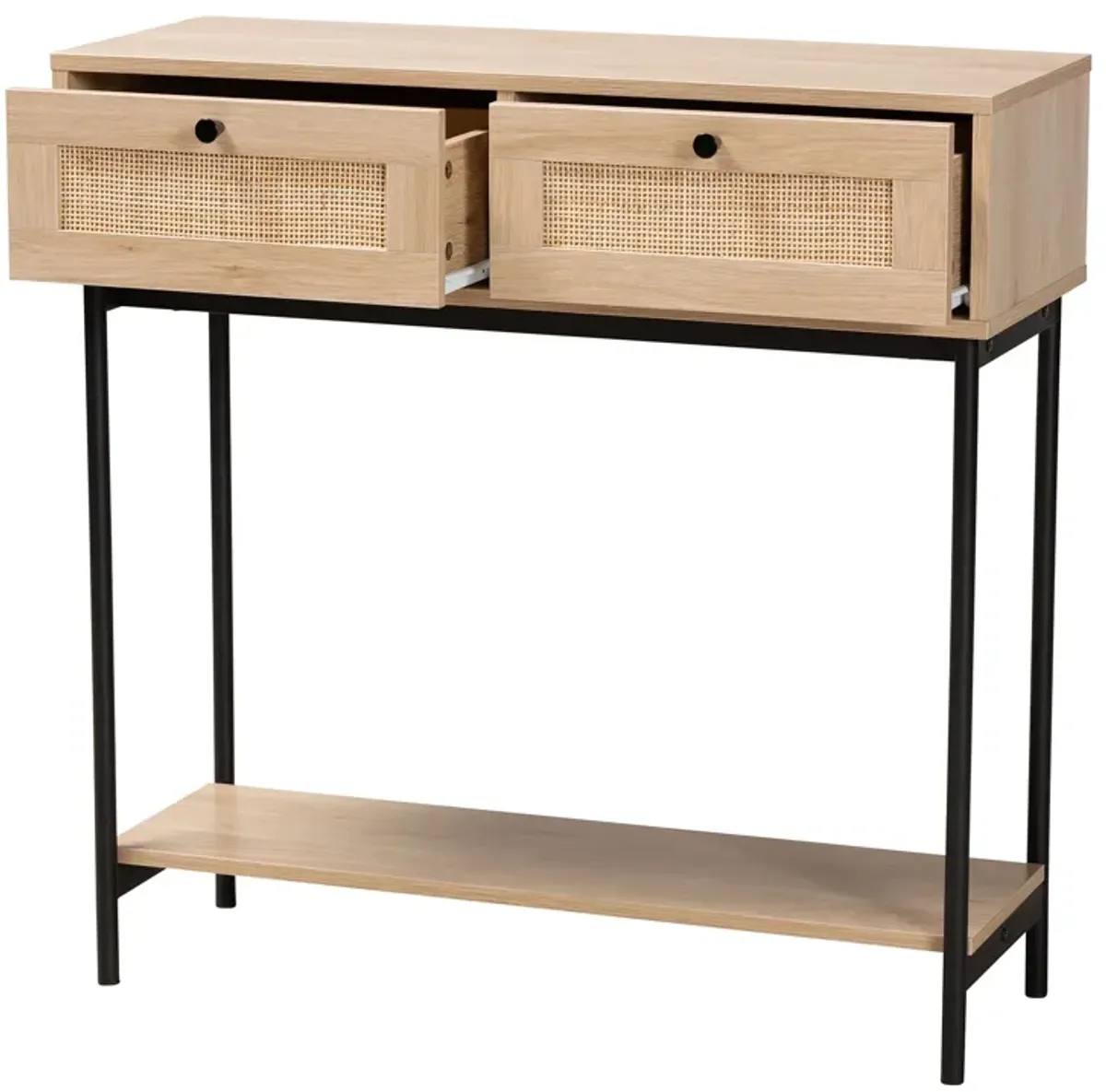 Baxton Studio Sherwin Light Brown And Black 2 Drawer Console Table With Woven Rattan Accent