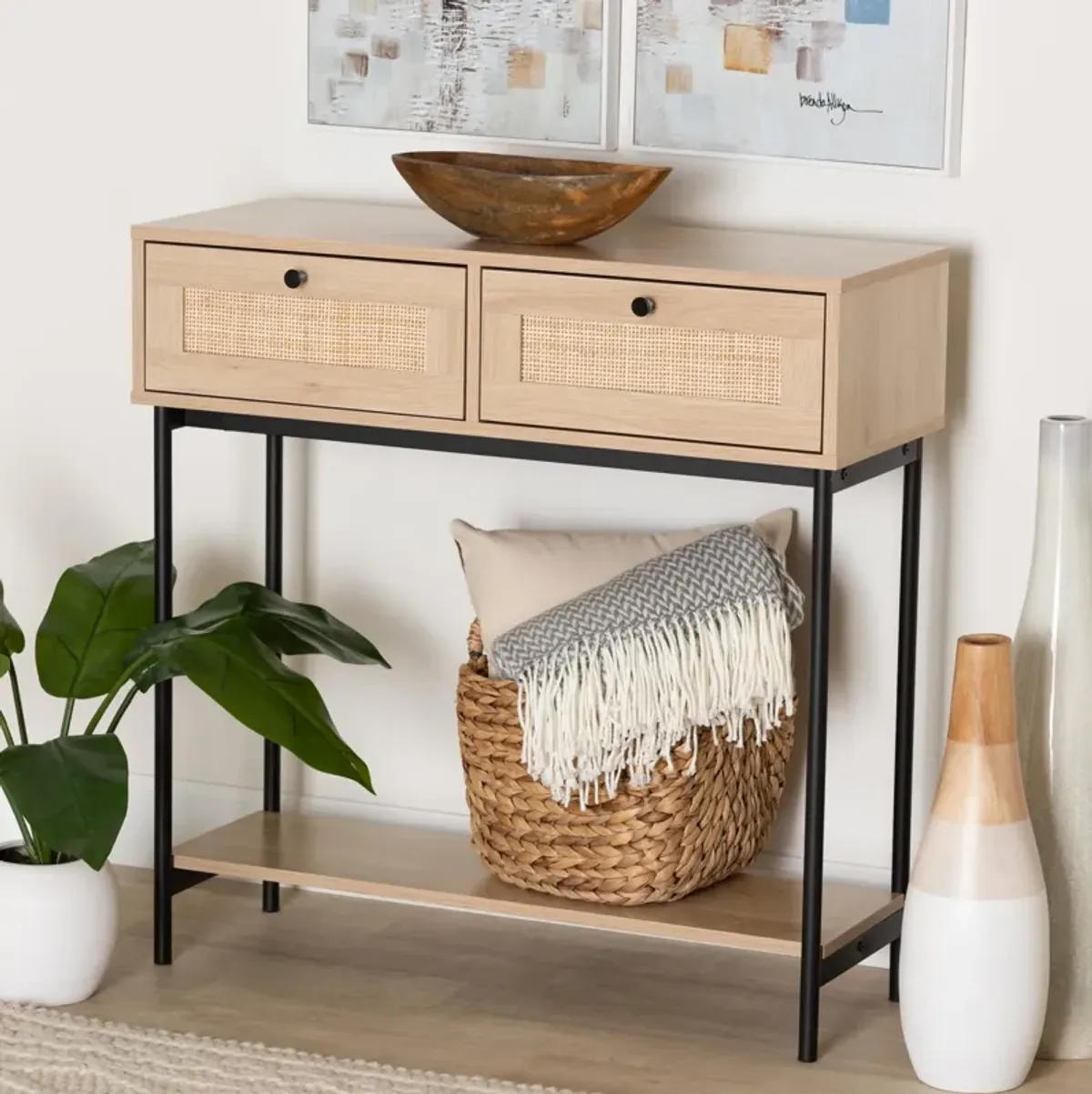 Baxton Studio Sherwin Light Brown And Black 2 Drawer Console Table With Woven Rattan Accent