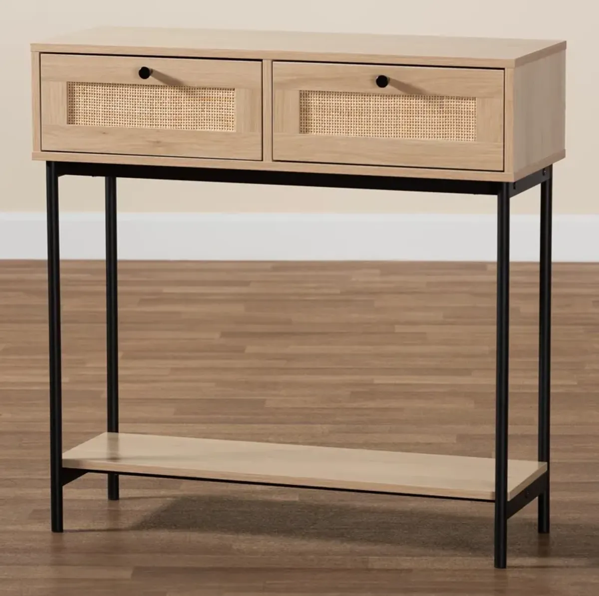 Baxton Studio Sherwin Light Brown And Black 2 Drawer Console Table With Woven Rattan Accent