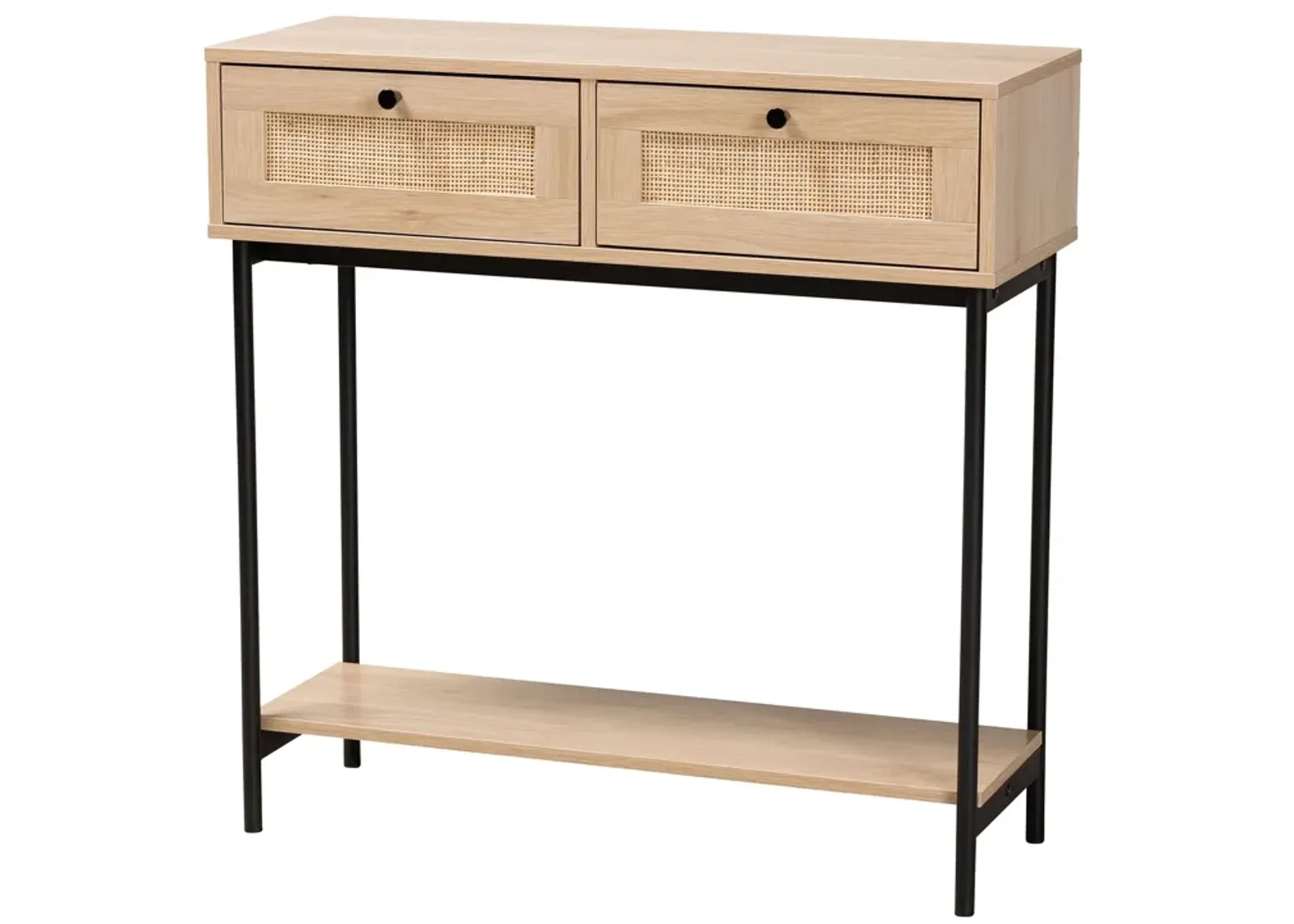 Baxton Studio Sherwin Light Brown And Black 2 Drawer Console Table With Woven Rattan Accent