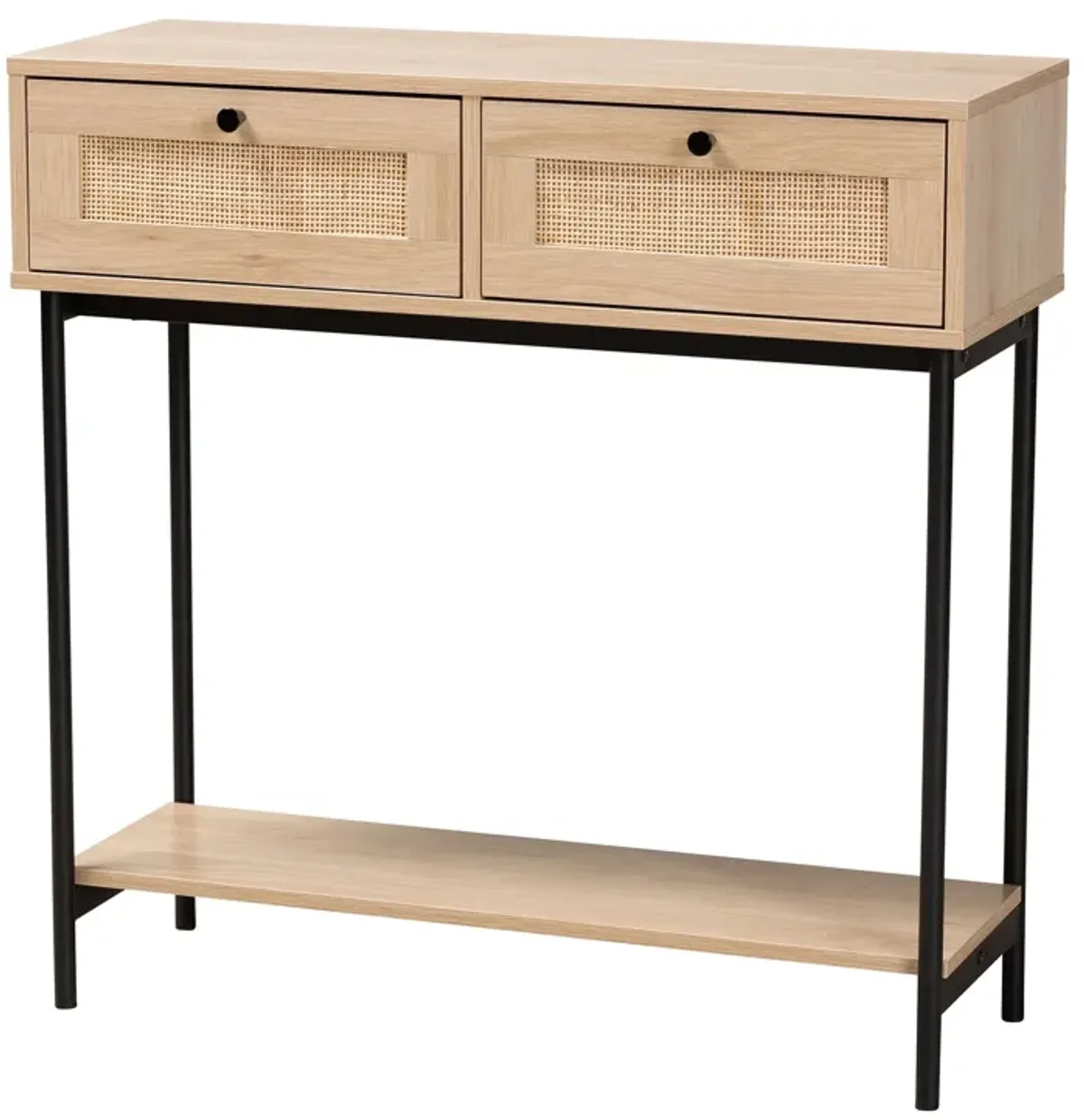 Baxton Studio Sherwin Light Brown And Black 2 Drawer Console Table With Woven Rattan Accent