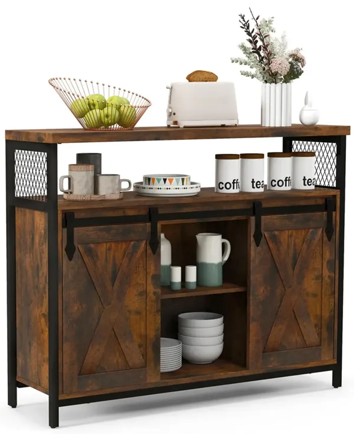 Buffet Cabinet with 3-Level Adjustable Shelves and 2 Sliding Barn Doors-Rustic Brown