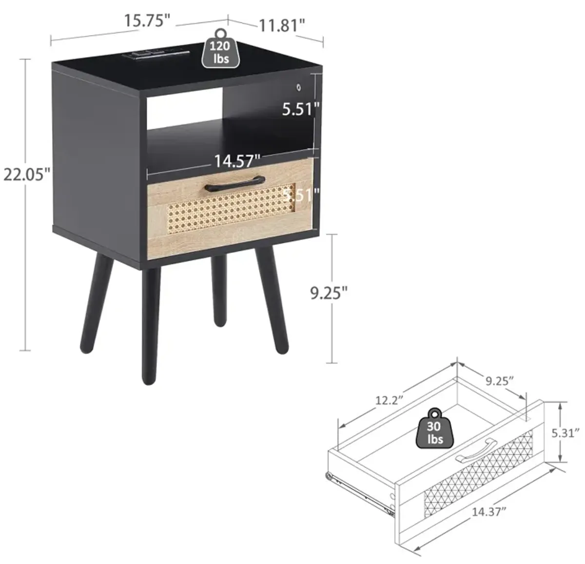 Rattan End table with Power Outlet & USB Ports , Modern nightstand with drawer and solid wood legs, side table for living room