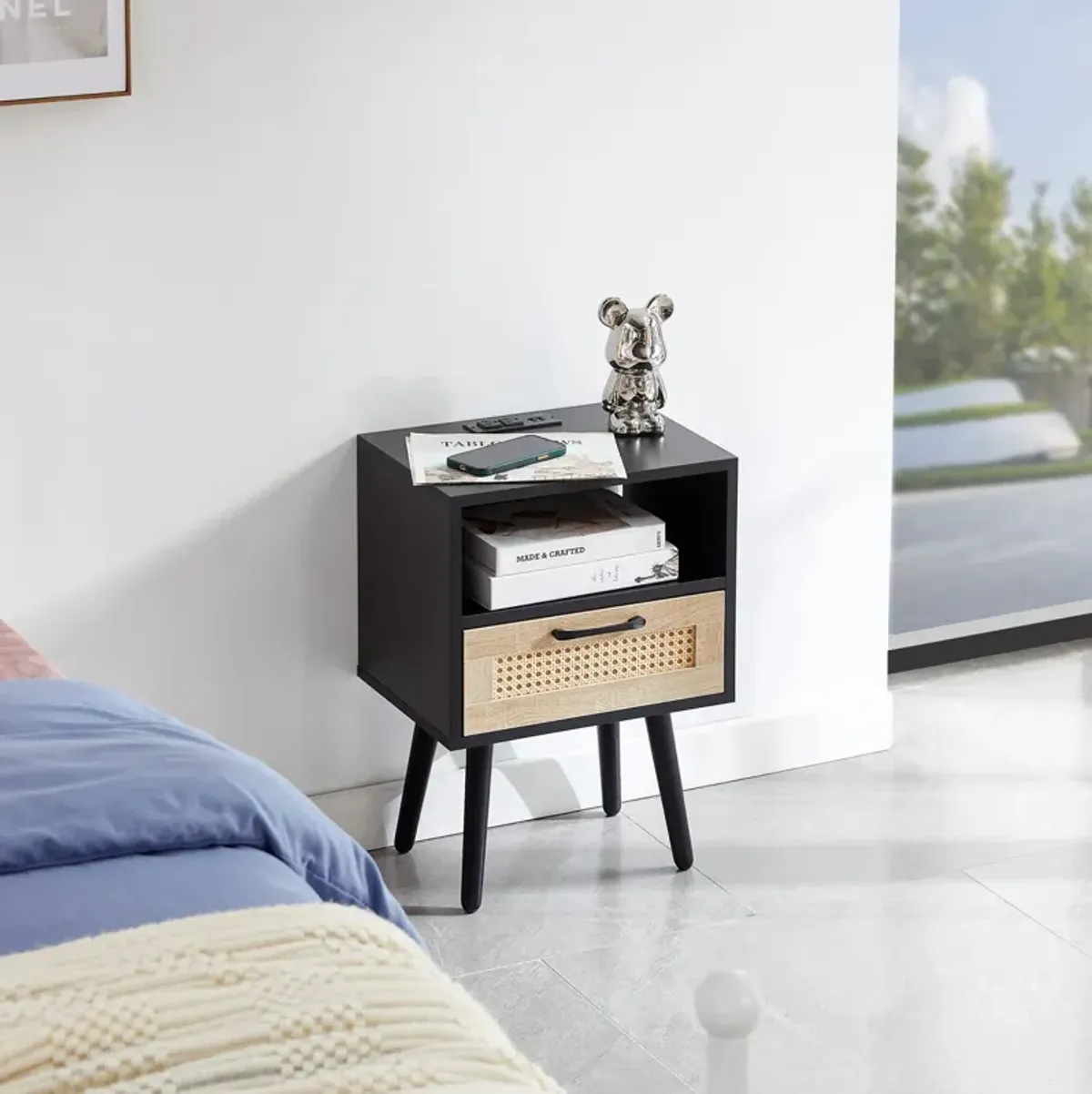 Rattan End table with Power Outlet & USB Ports , Modern nightstand with drawer and solid wood legs, side table for living room