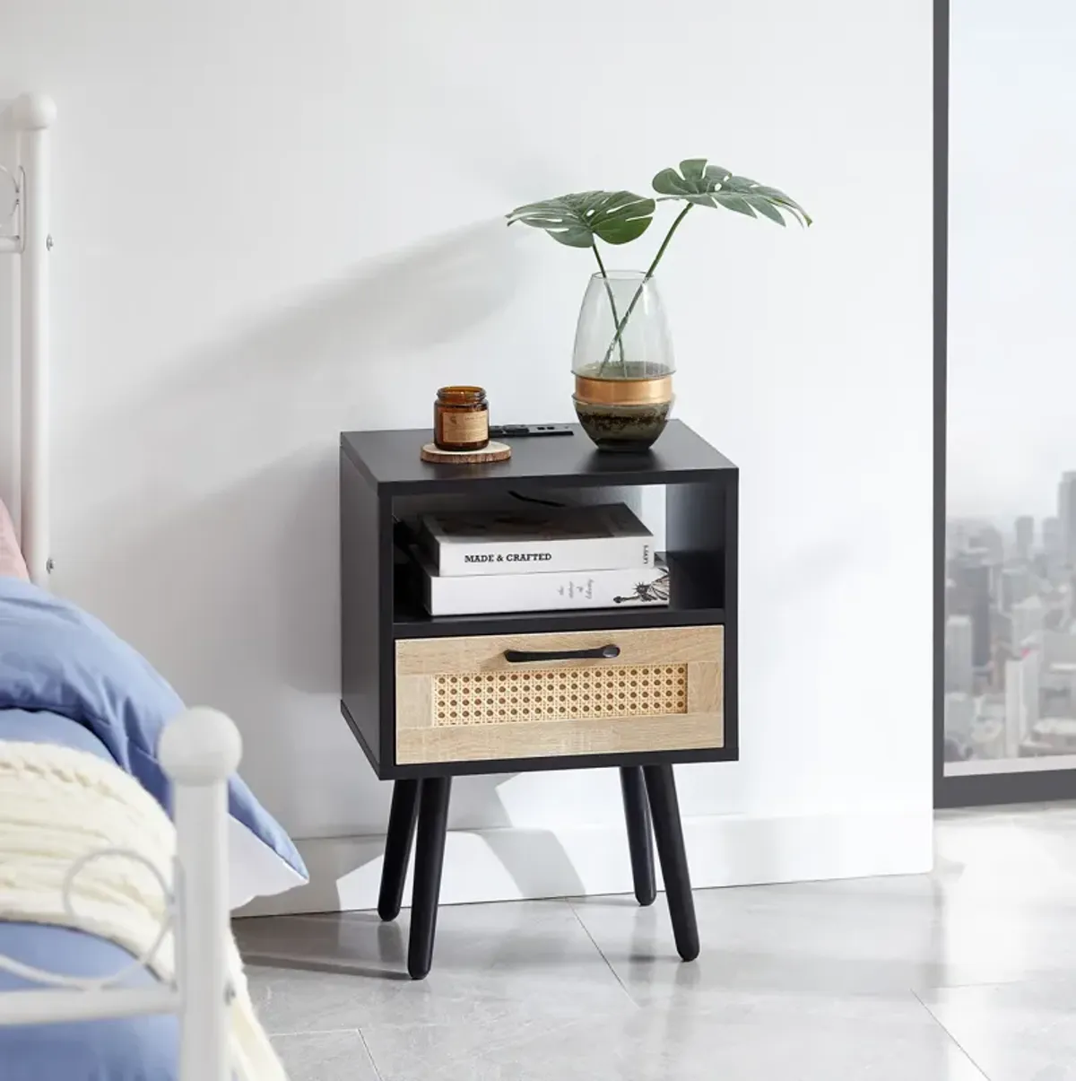 Rattan End table with Power Outlet & USB Ports , Modern nightstand with drawer and solid wood legs, side table for living room