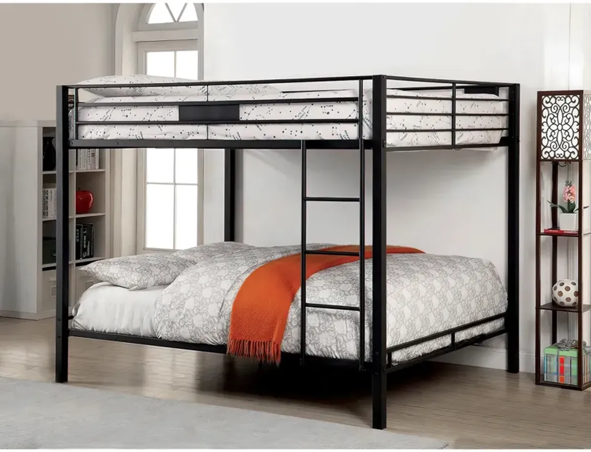 Horizontal Slatted Metal Queen Over Queen Bunk Bed with Ladder, Black - Benzara