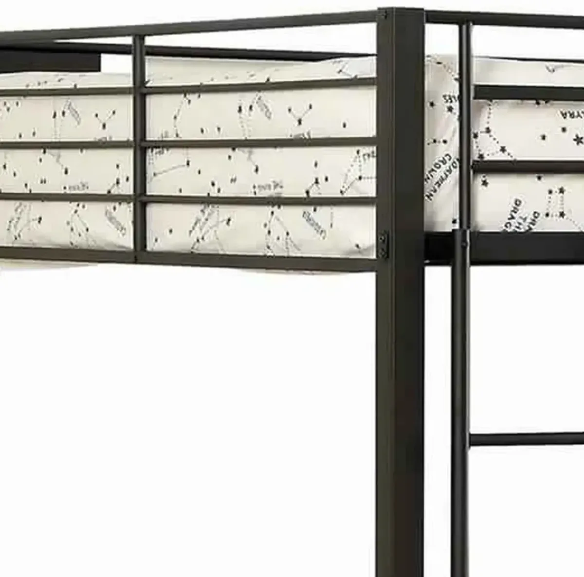 Horizontal Slatted Metal Queen Over Queen Bunk Bed with Ladder, Black-Benzara