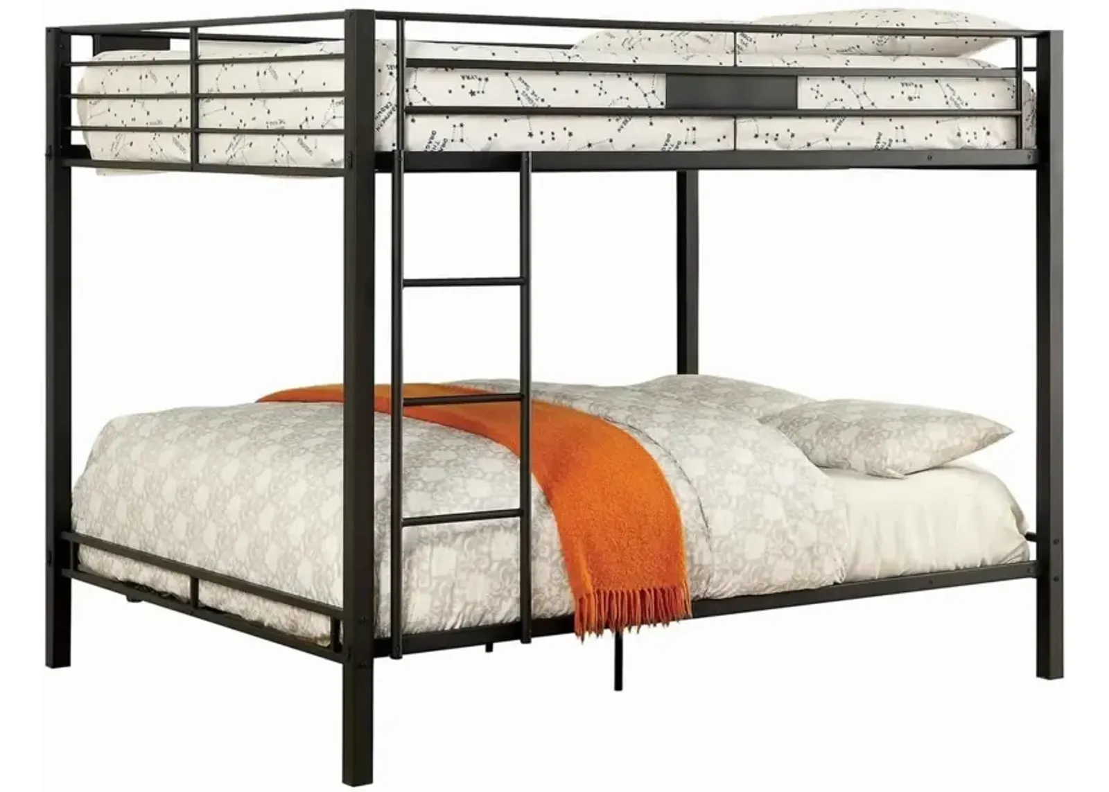 Horizontal Slatted Metal Queen Over Queen Bunk Bed with Ladder, Black-Benzara