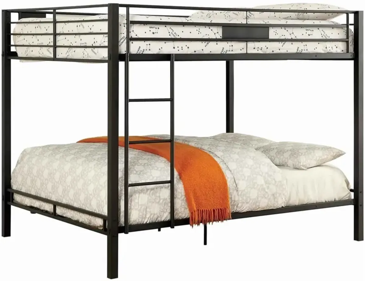 Horizontal Slatted Metal Queen Over Queen Bunk Bed with Ladder, Black-Benzara