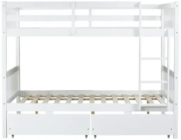 Whisen Convertible Full Over Full Rubber Wood Bunk Bed with 2 Drawers, Ladder and Safety Guardrails - White