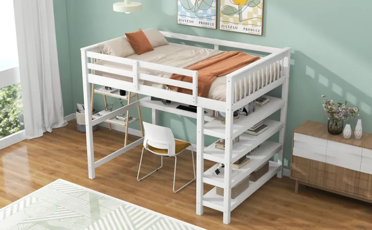 Full Size Loft Bed With Storage Shelves And Under-Bed Desk