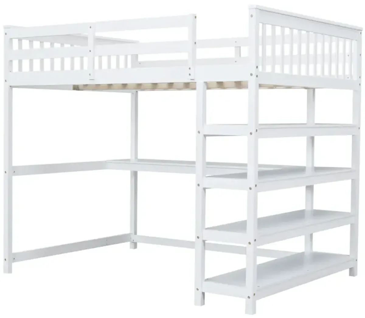 Full Size Loft Bed With Storage Shelves And Under-Bed Desk