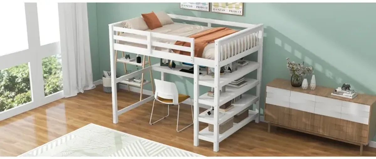 Full Size Loft Bed With Storage Shelves And Under-Bed Desk