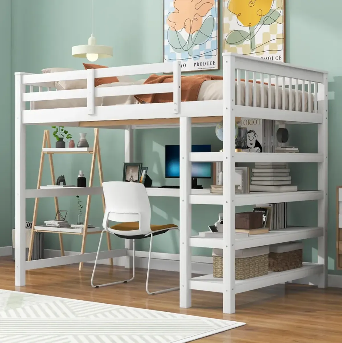 Full Size Loft Bed With Storage Shelves And Under-Bed Desk