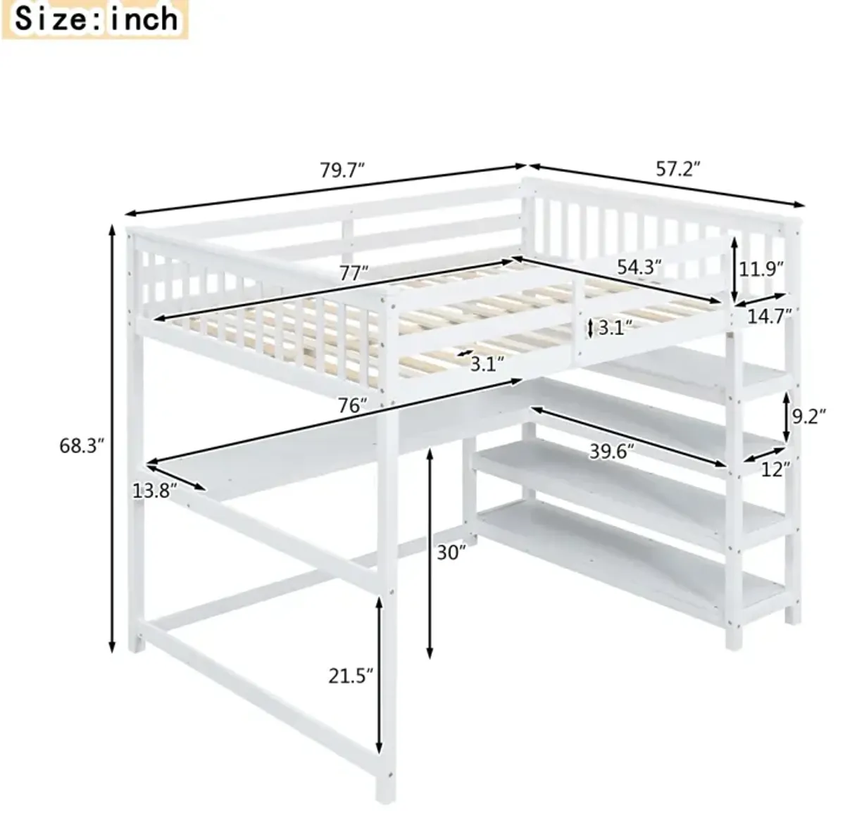 Full Size Loft Bed With Storage Shelves And Under-Bed Desk