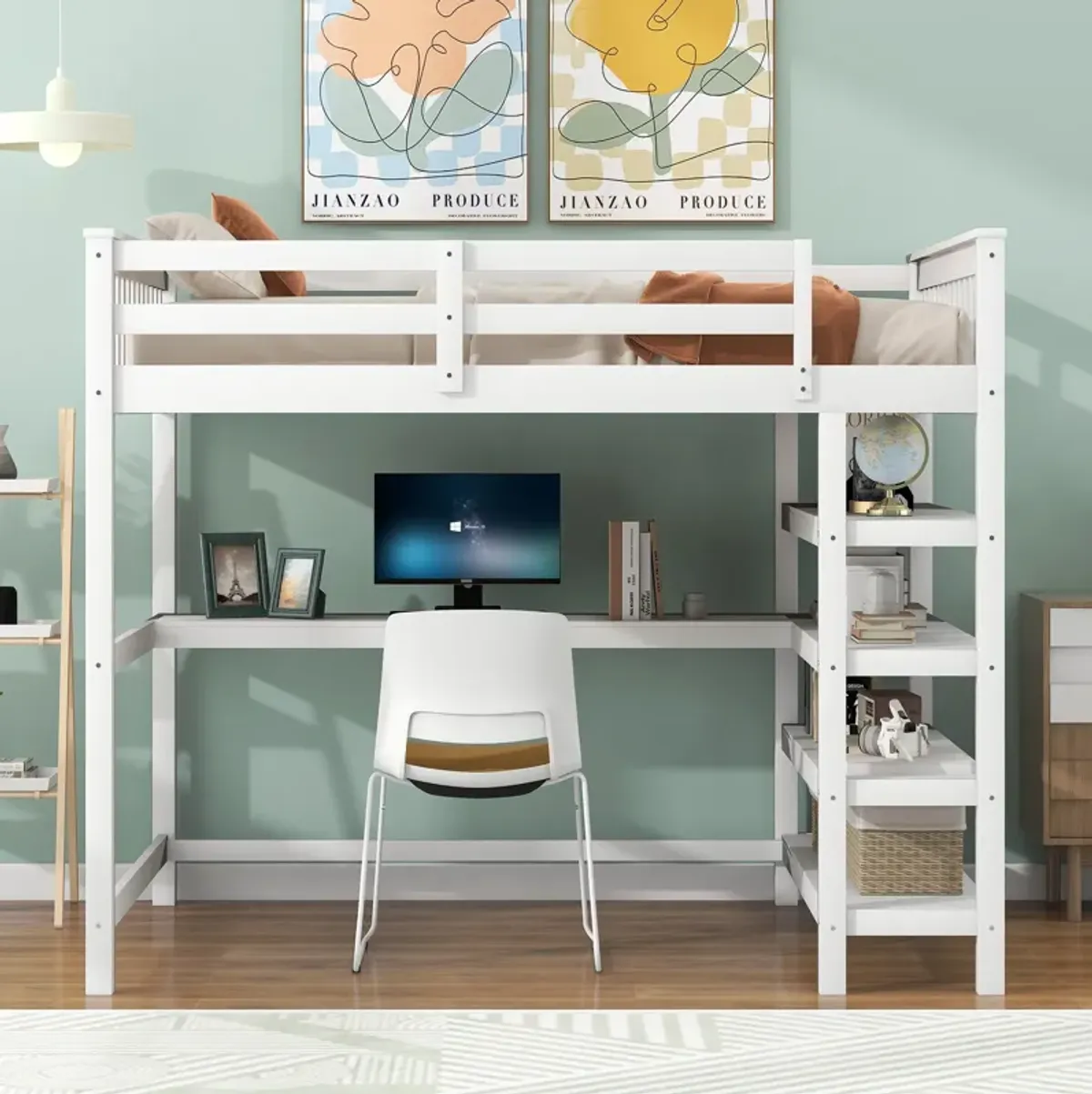 Full Size Loft Bed With Storage Shelves And Under-Bed Desk