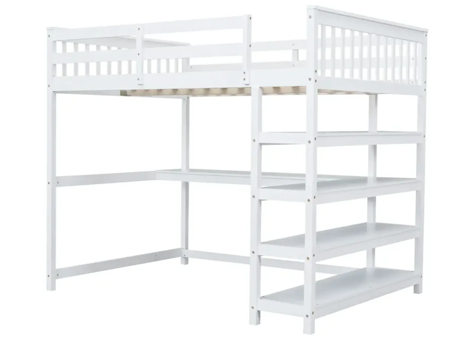 Full Size Loft Bed With Storage Shelves And Under-Bed Desk