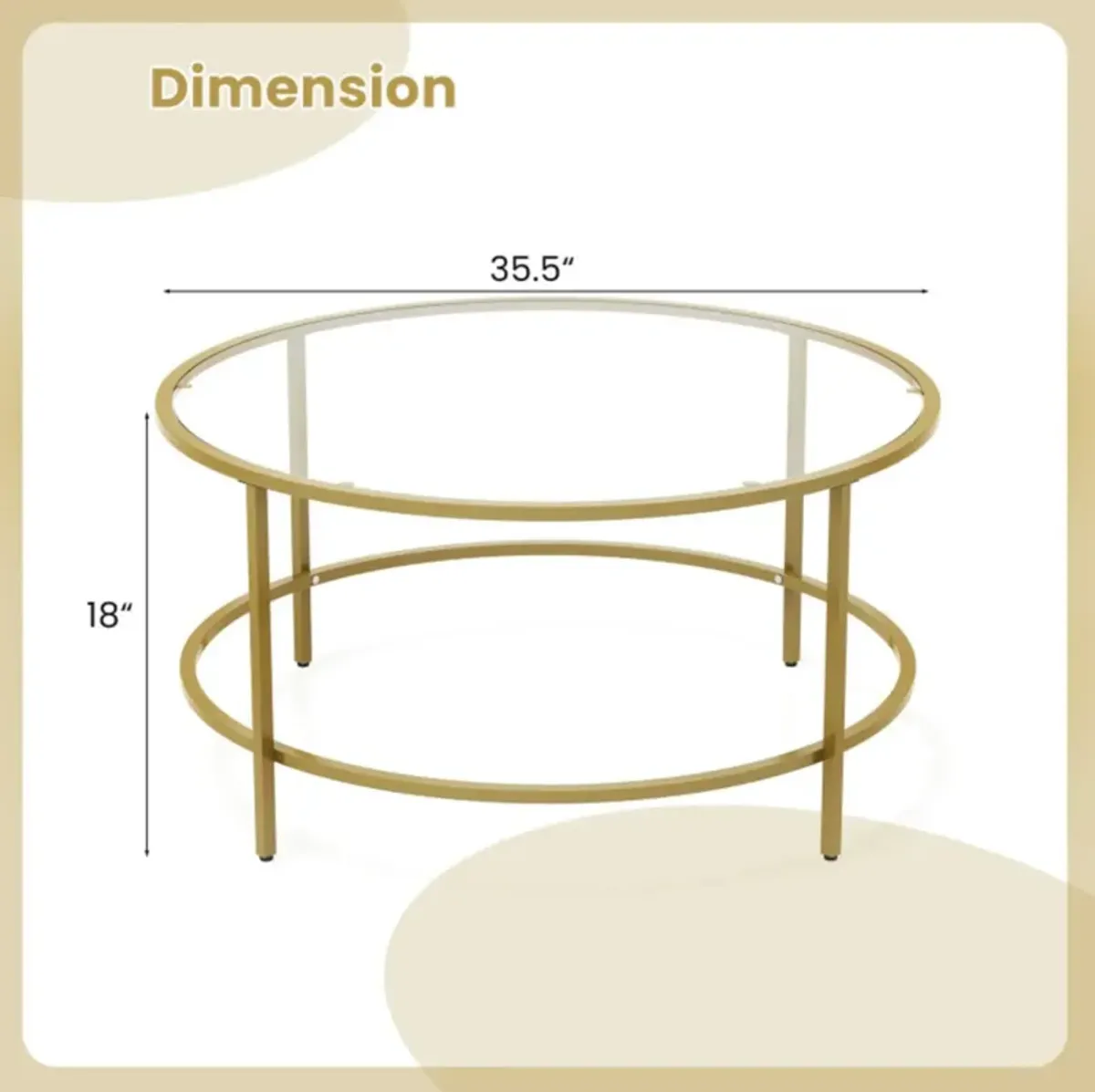 Hivvago 35.5 Inch Round Coffee Table with Tempered Glass Tabletop