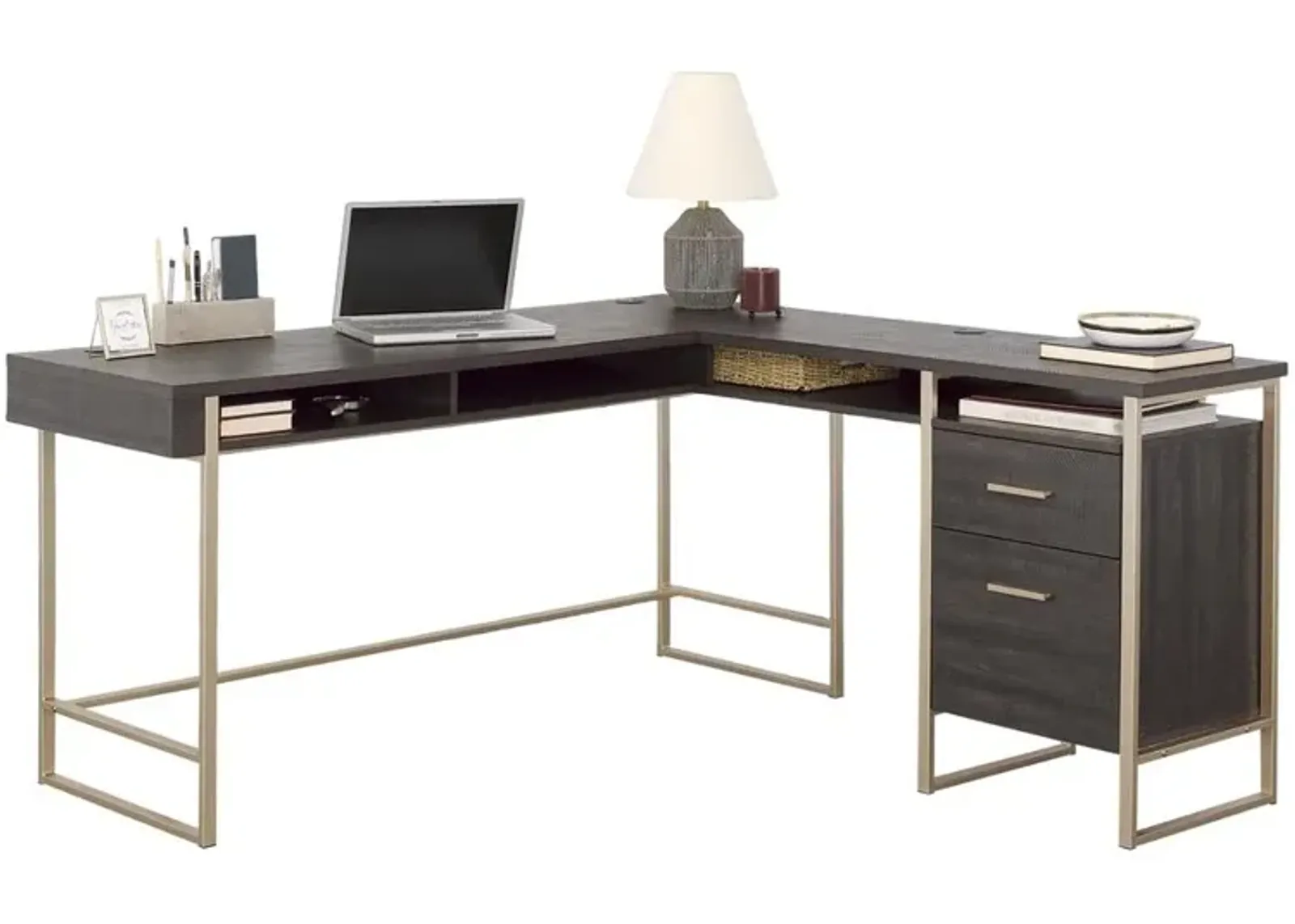 Sauder Walter Heights L Desk in Blade Walnut